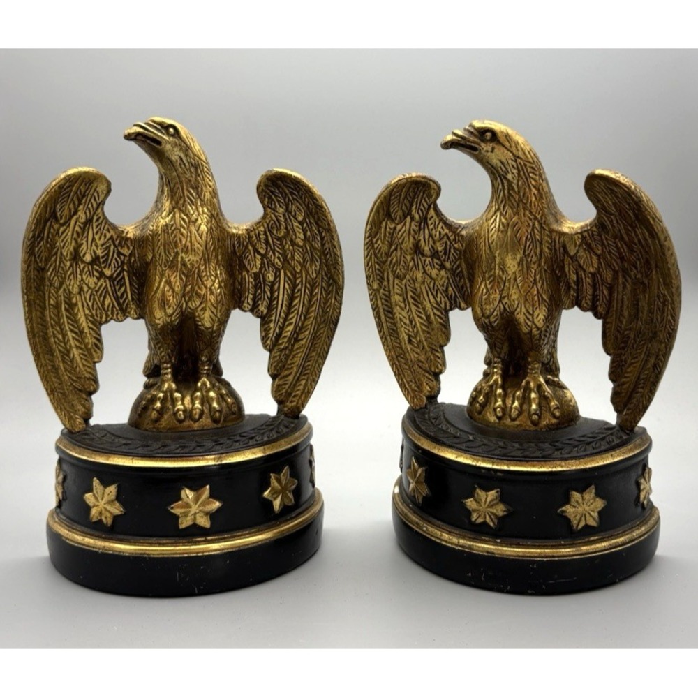 Vintage set gold gilt plaster Borghese bookends spread wing eagle label damage